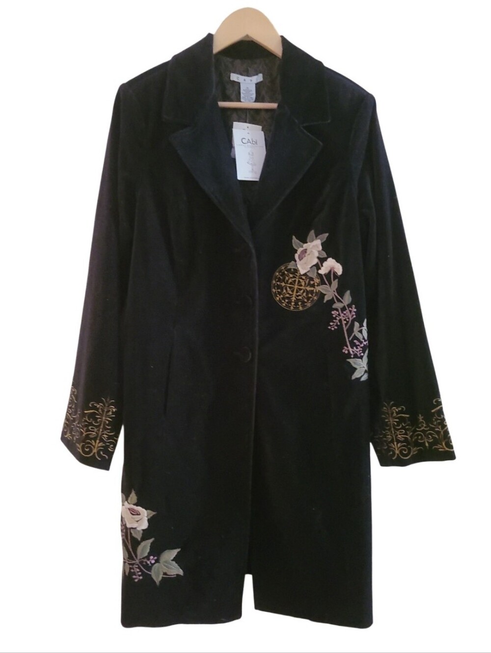 NWT Vintage CAbi Antoinette Velvet Floral Embroidered Longline coat Black Whimsy - Picture 3 of 17